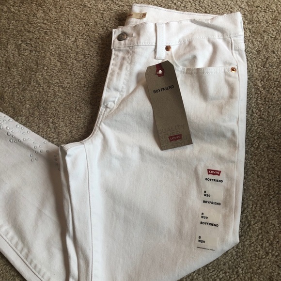 Levi’s boyfriend white crop studded jeans denim pants fringe 10 - Picture 4 of 10